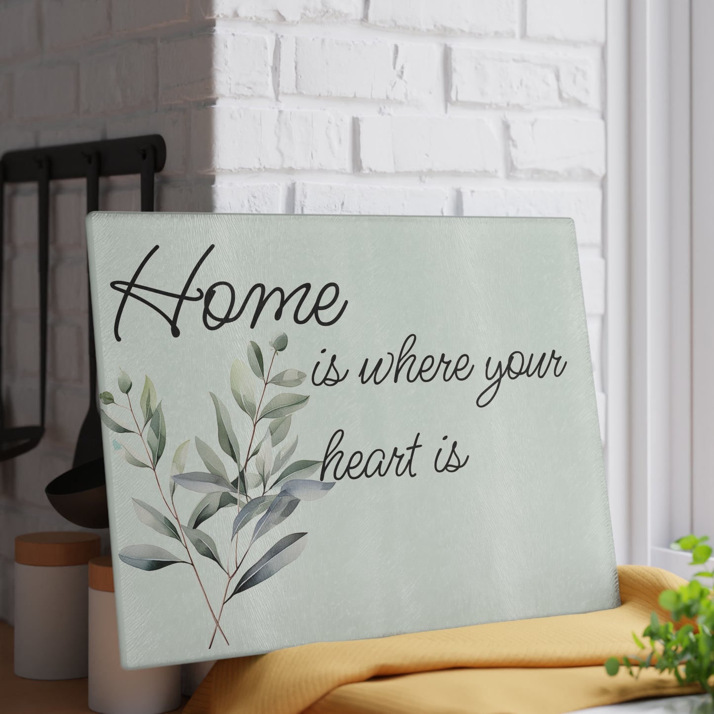 Home is Where Your Heart Is Glass Cutting Board, Kitchen Decor, Housewarming Gift, Wedding Present, Mother's Day Gift