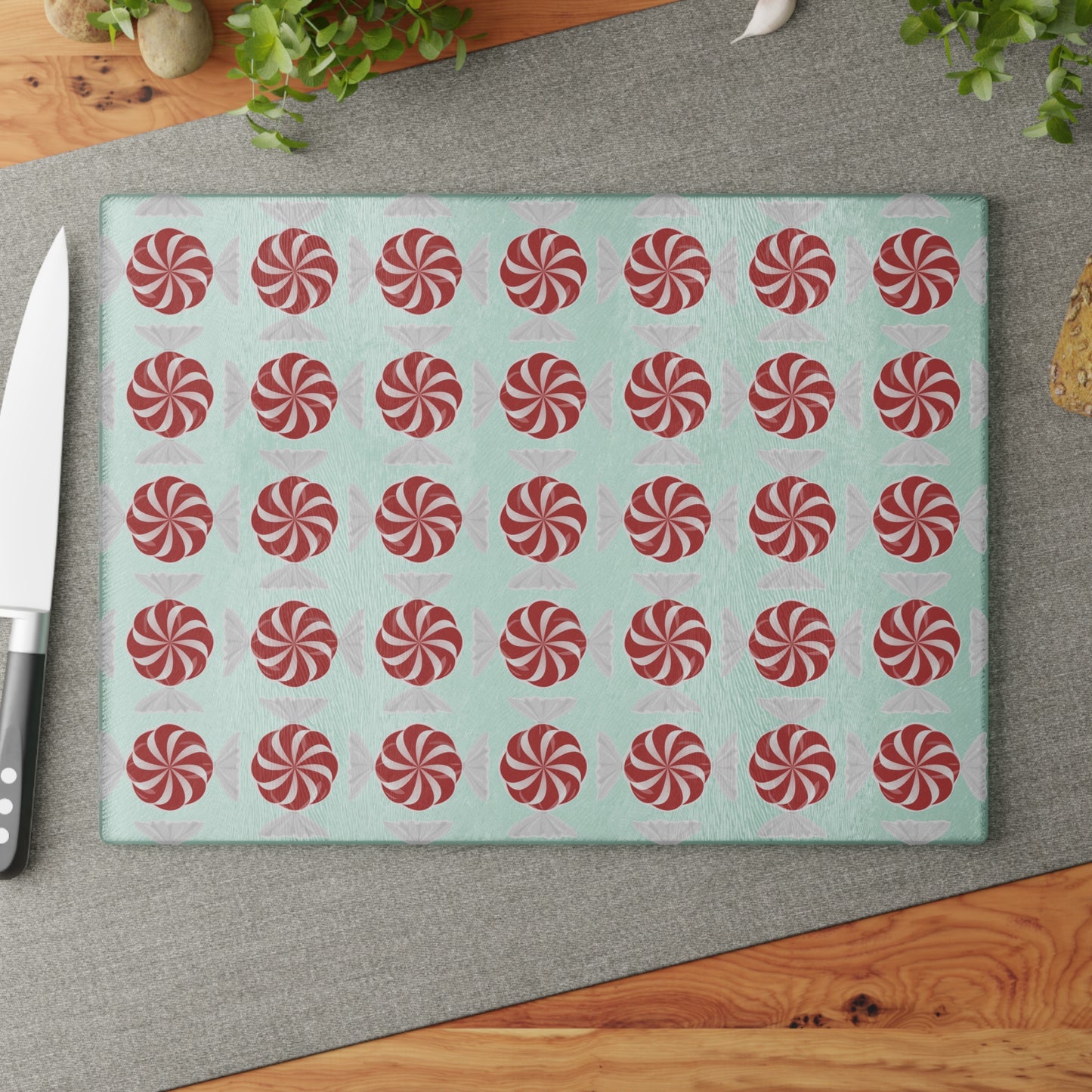 Peppermint Pattern Glass Cutting Board — Festive Candy Kitchen Board