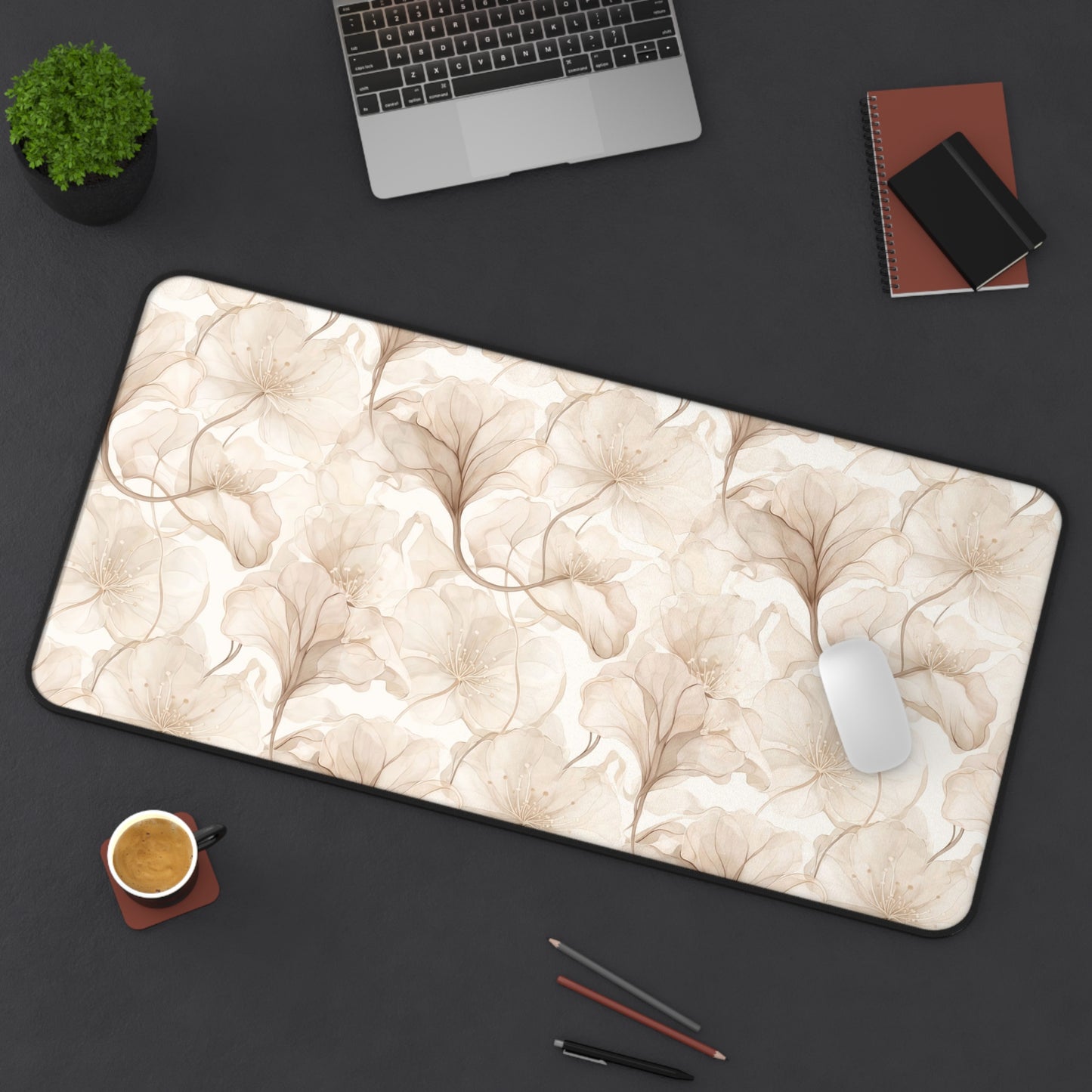 Floral Beige Desk Mat — Neutral Watercolor Ginkgo Mousepad