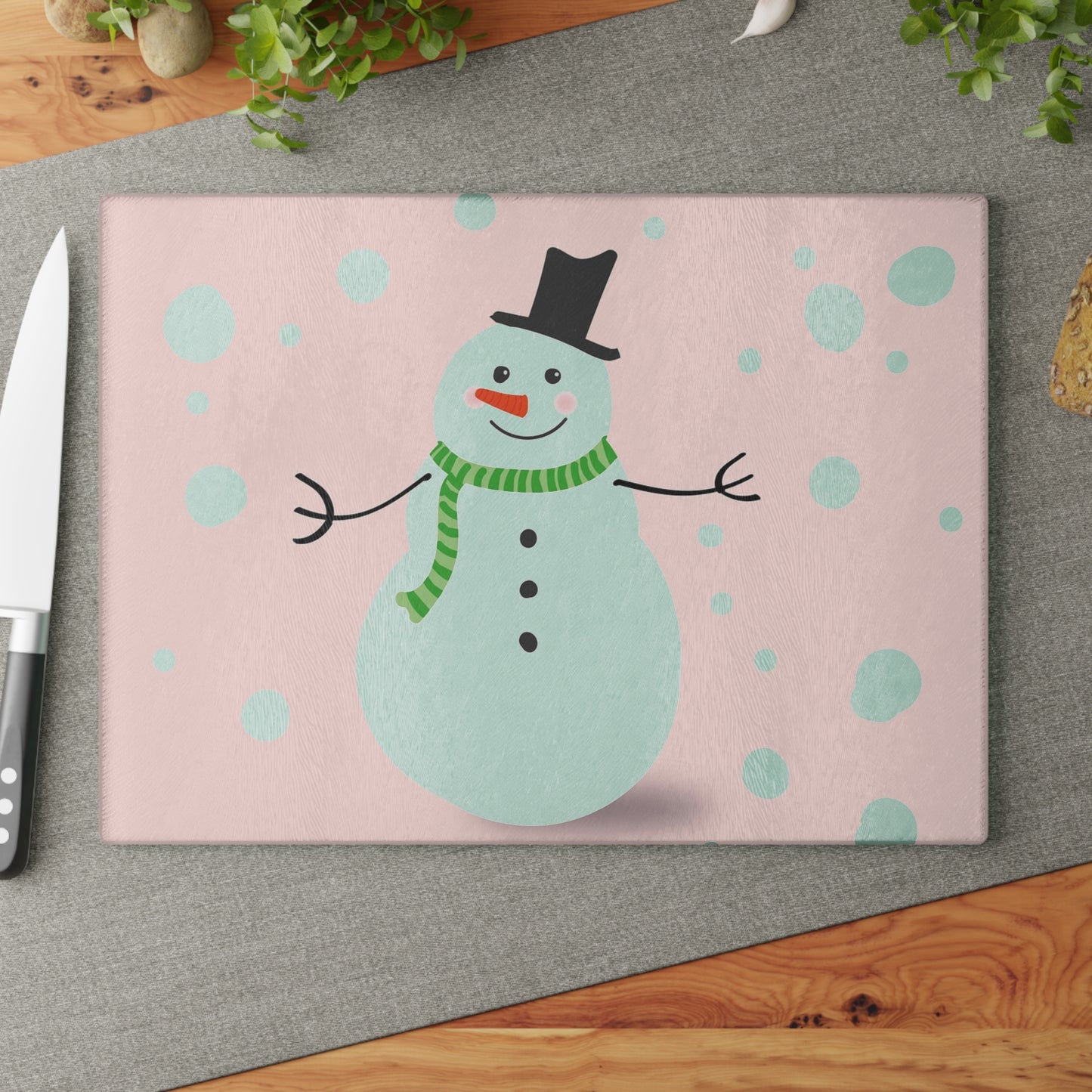 Festive Snowman Glass Cutting Board | Kitchen Decor, Holiday Gift, Winter Cooking, Unique Gift Idea, Home Essentials