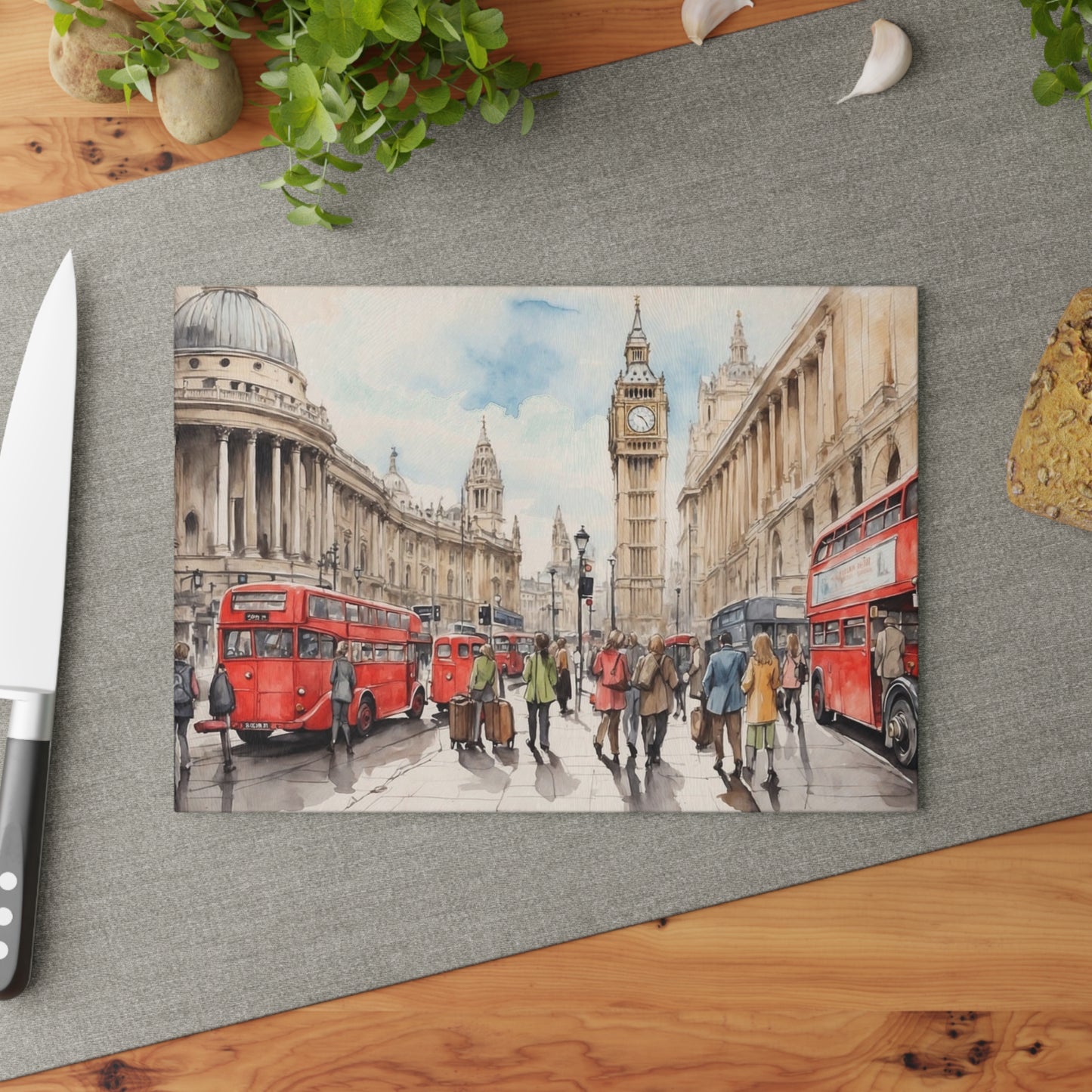 London-Themed Glass Cutting Board, Decorative Kitchen Gift, Unique Housewarming Present, London Souvenir, Culinary Art Decor