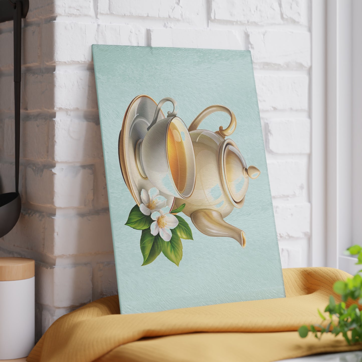 Elegant Tea Time Glass Cutting Board, Kitchen Decor, Gift for Tea Lovers, Housewarming, Birthday, Mother's Day