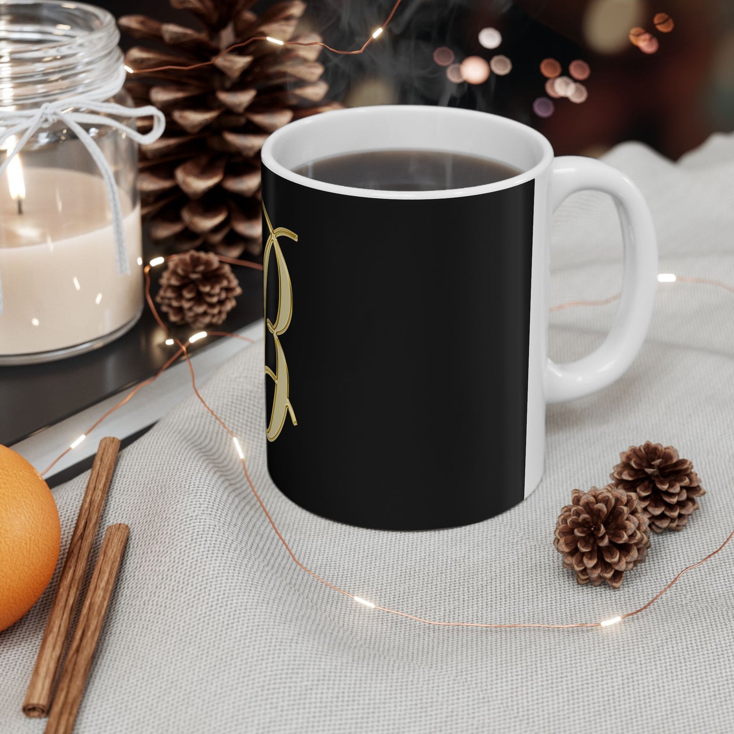 Monogram B Ceramic Mug — Elegant Gold Script Initial on Black (11oz, 15oz)
