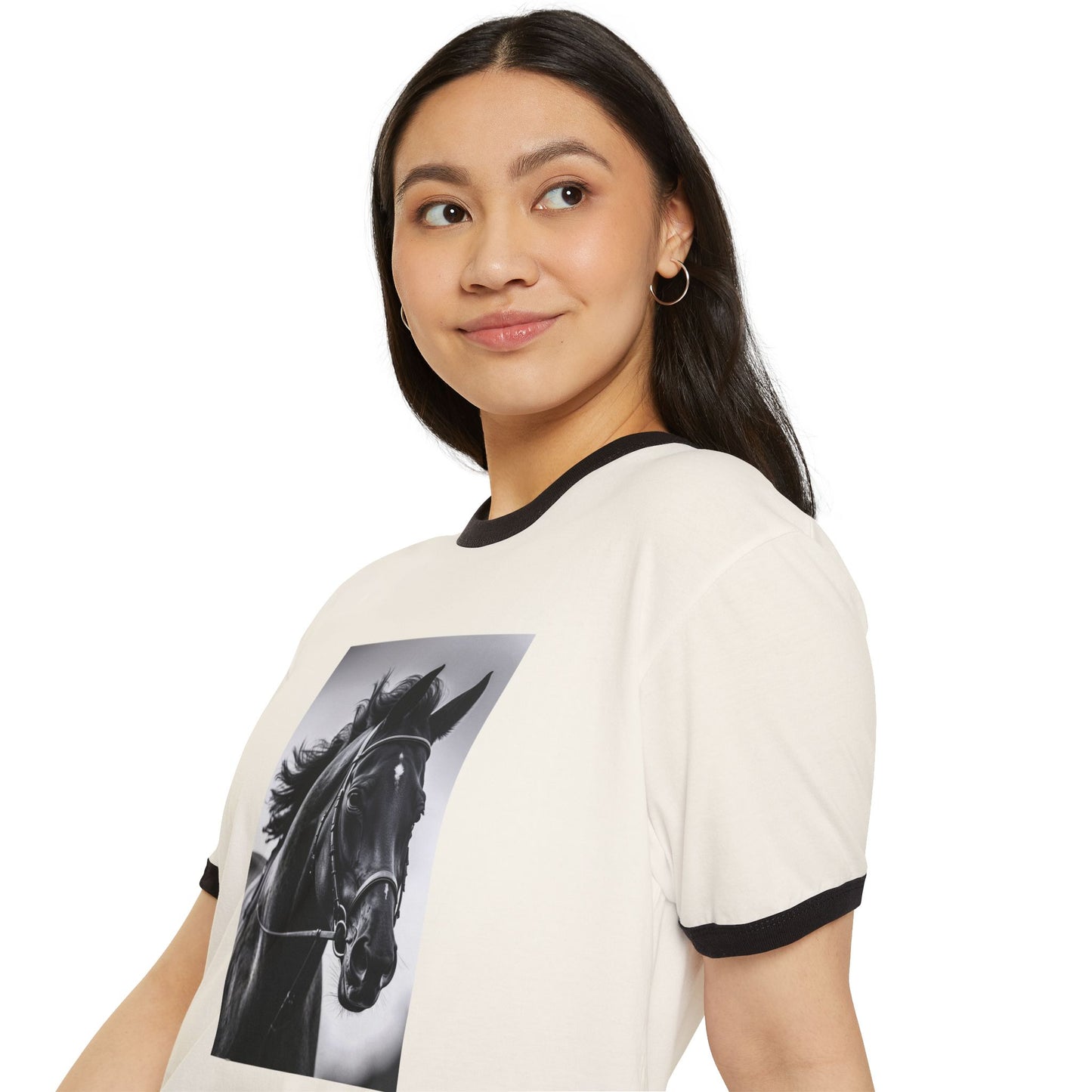 Horse Portrait Ringer T-Shirt — Black Stallion Graphic Tee for Equestrian Lovers