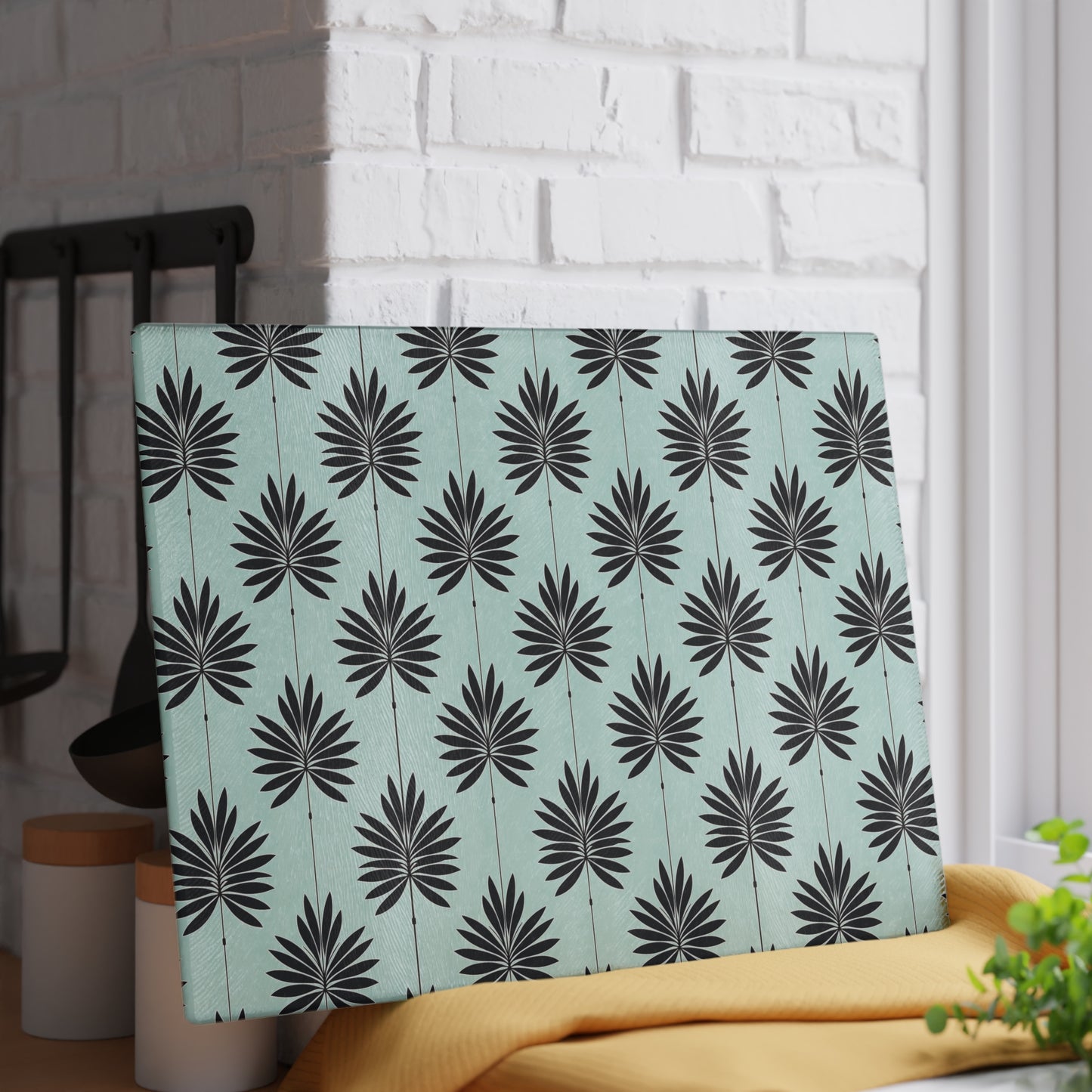 Palm Leaf Glass Cutting Board — Modern Mint Patterned Kitchen Board