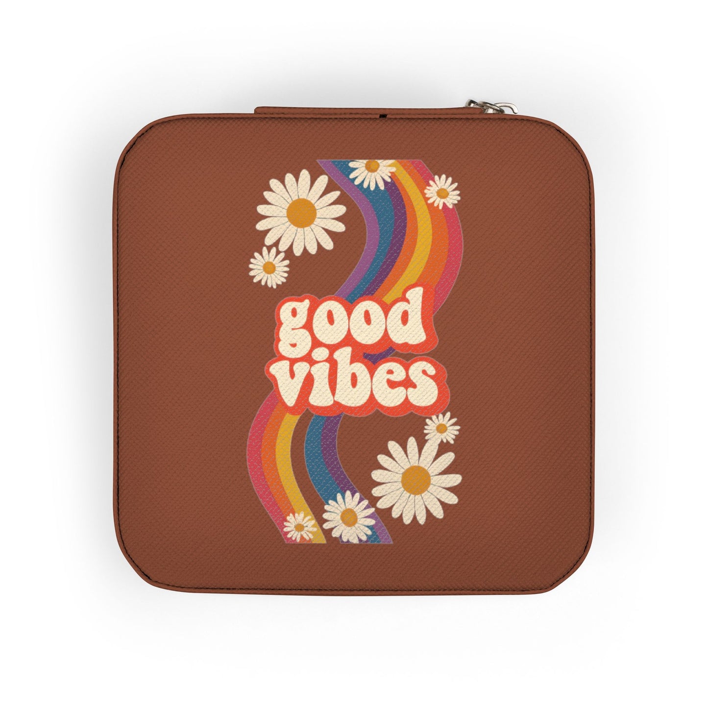 Good Vibes Jewelry Travel Case — Compact Retro Rainbow Daisy Jewelry Organizer