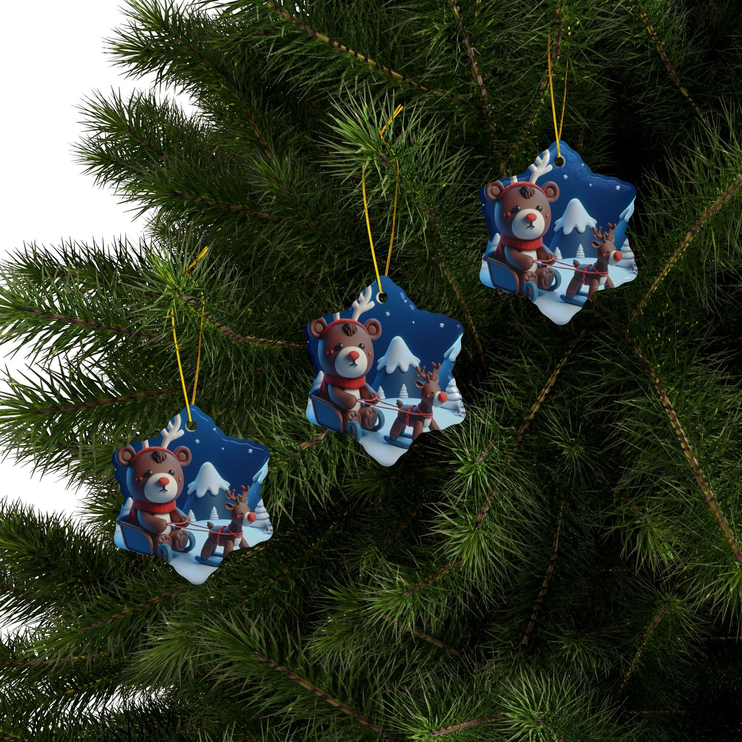 Festive Ceramic Ornaments, Holiday Decor, Christmas Gifts, 2-Sided Print, Cute Bear & Reindeer Design, Tree Decorations, Winter Wonderland