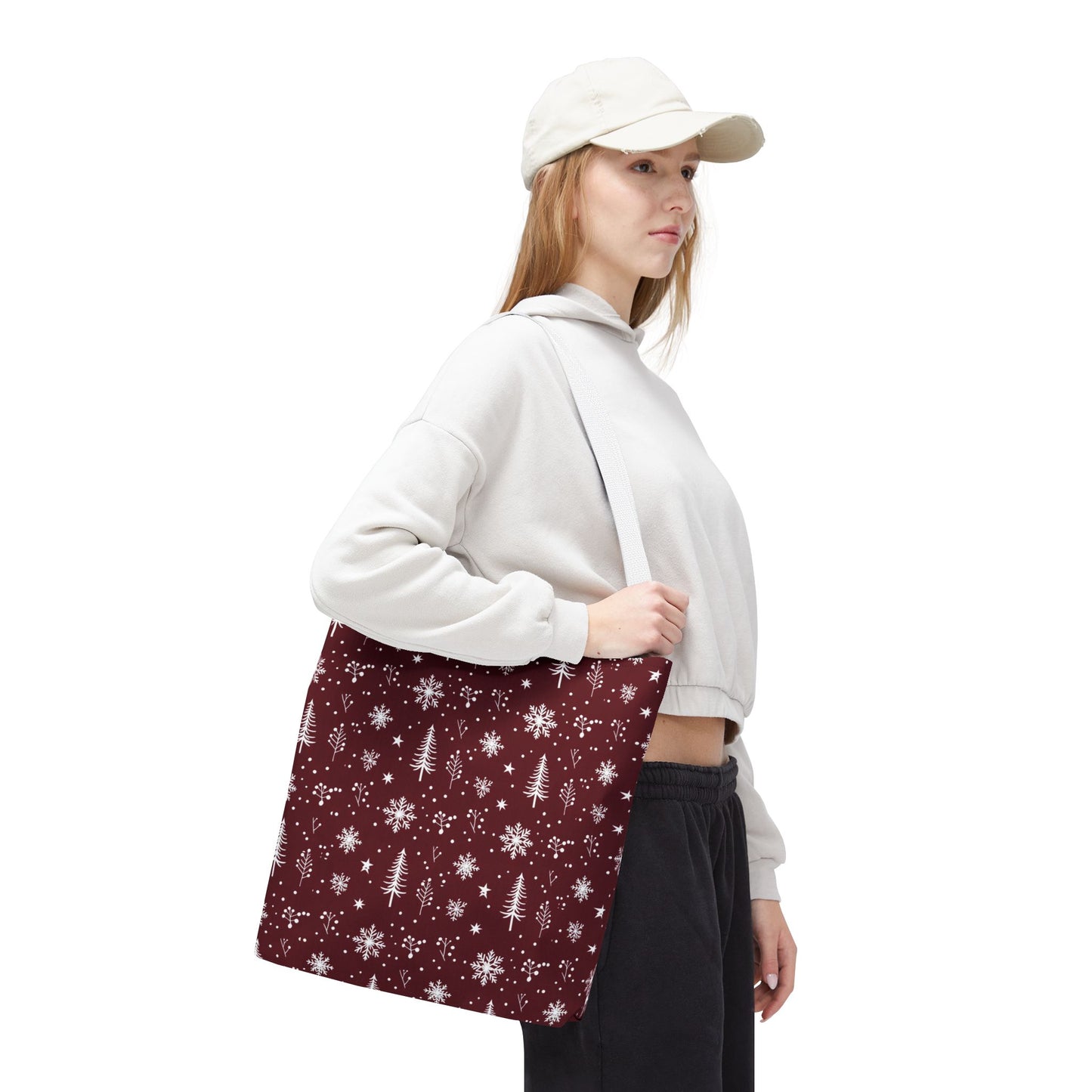 Christmas Snowflake Tote Bag – Burgundy Holiday Patterned Carryall