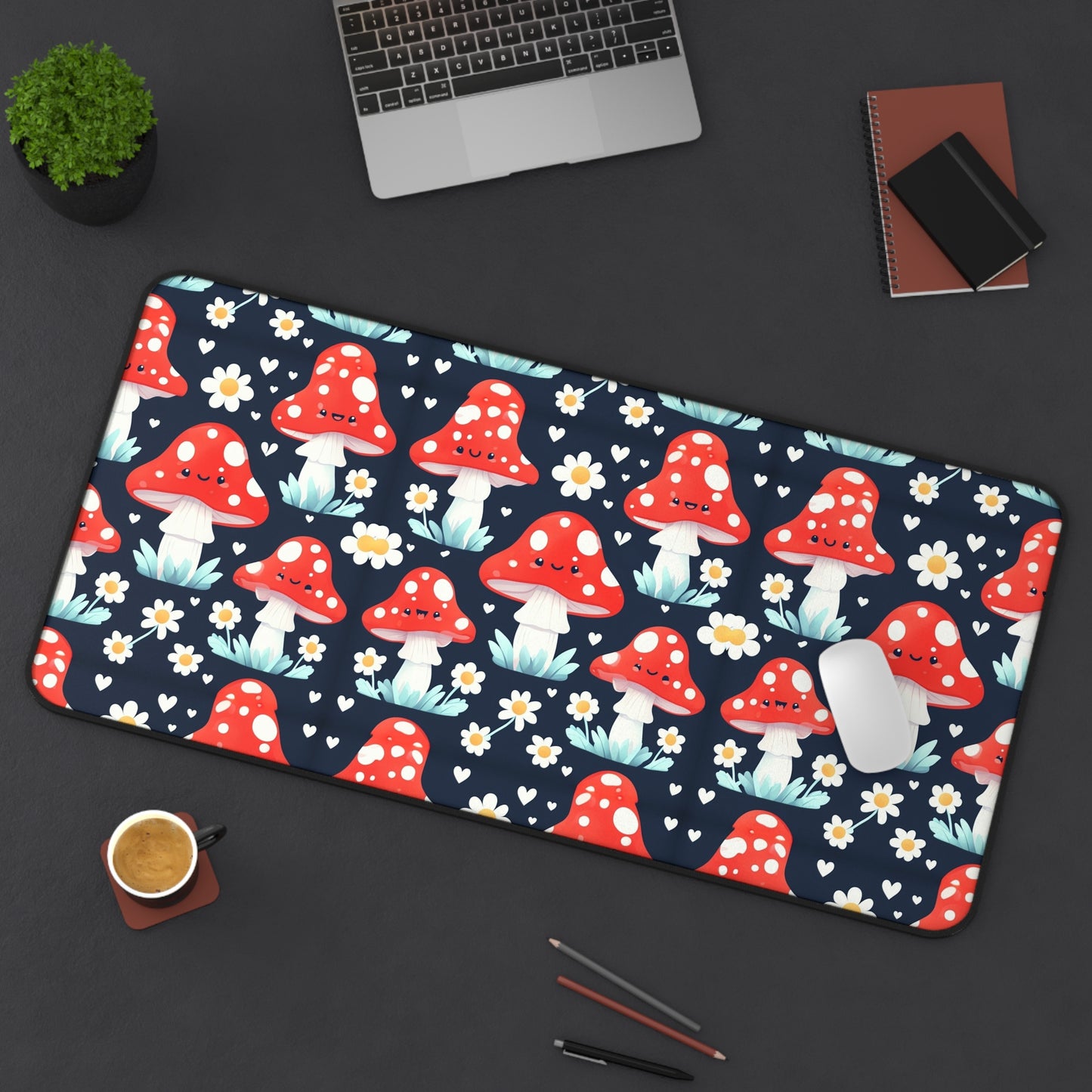 Mushroom & Daisies Desk Mat — Cute Red Toadstool Mousepad for Desk Decor