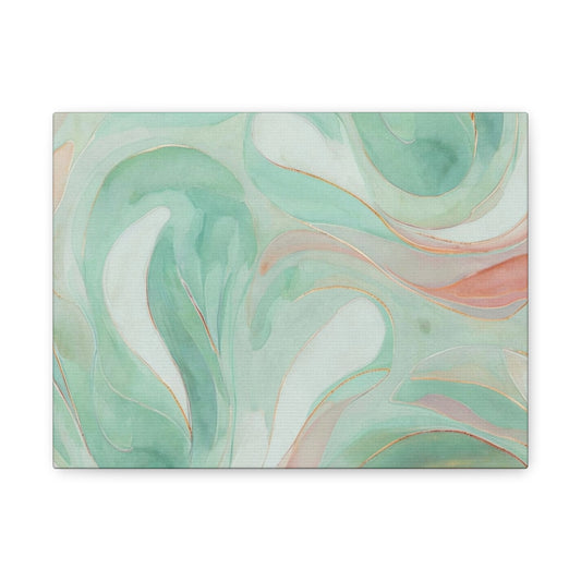 Abstract Green Marble Canvas Print — Teal & Coral Swirl Wall Art