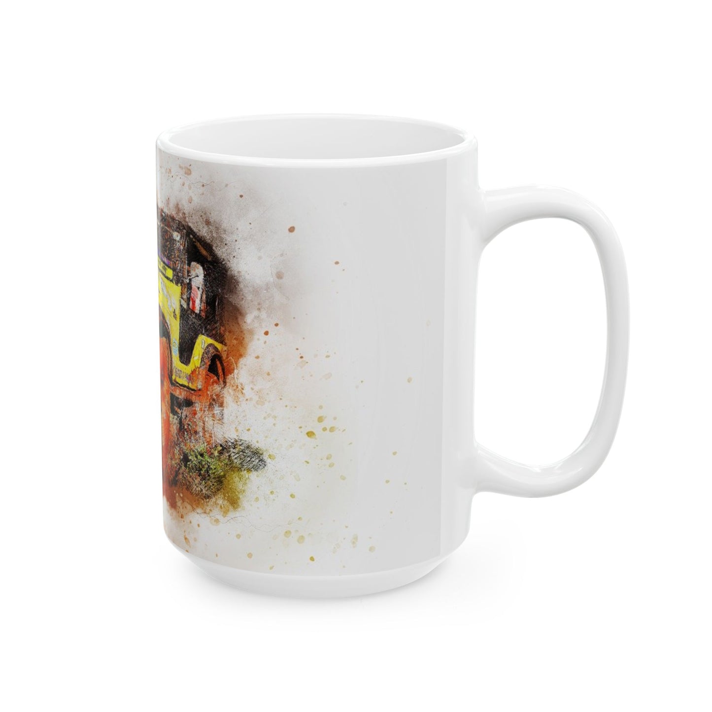 Vintage Jeep Art Ceramic Mug — Rustic Yellow Off-Road Truck Coffee Cup (11oz, 15oz)