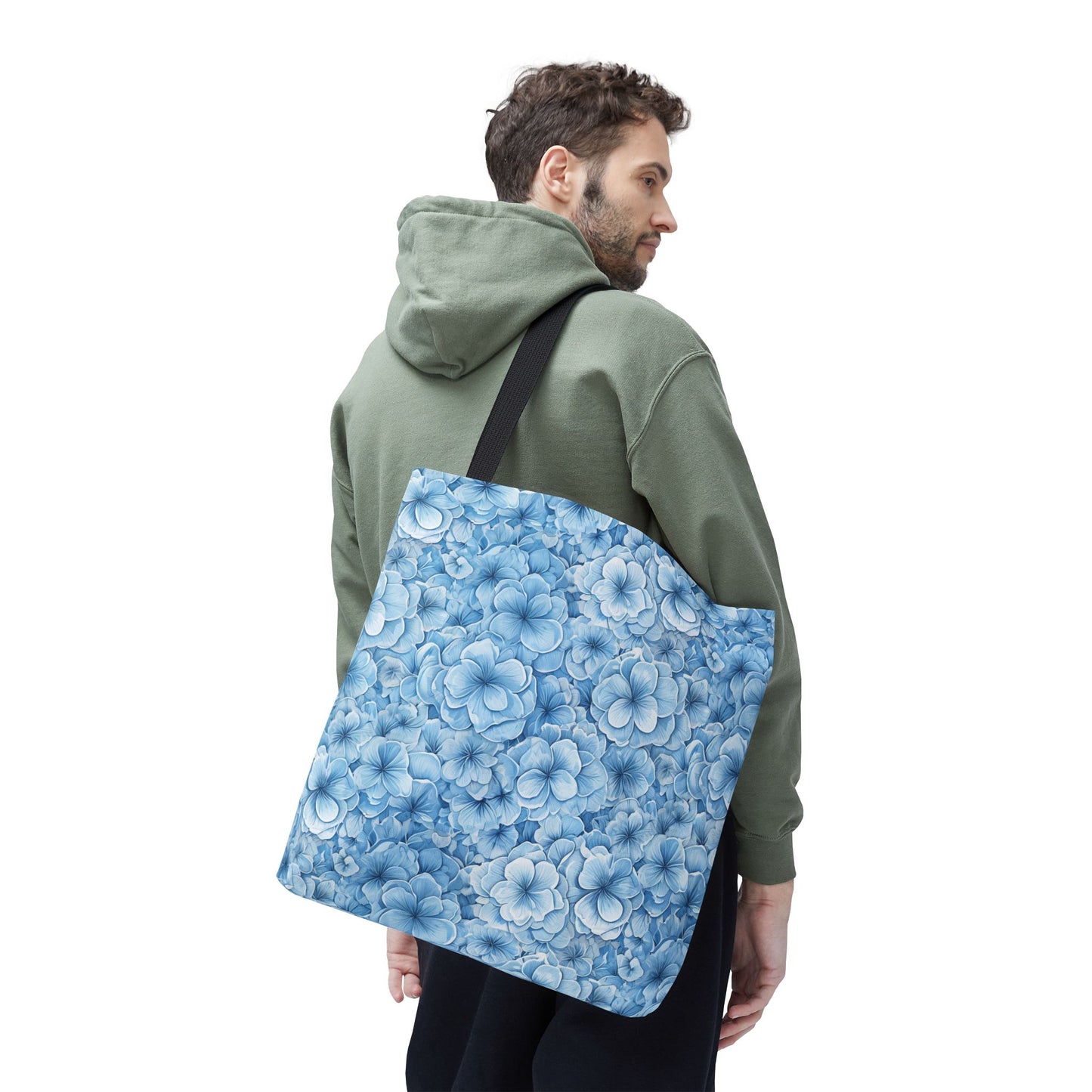 Blue Watercolor Floral Tote Bag — Reusable Flower Pattern Shopper