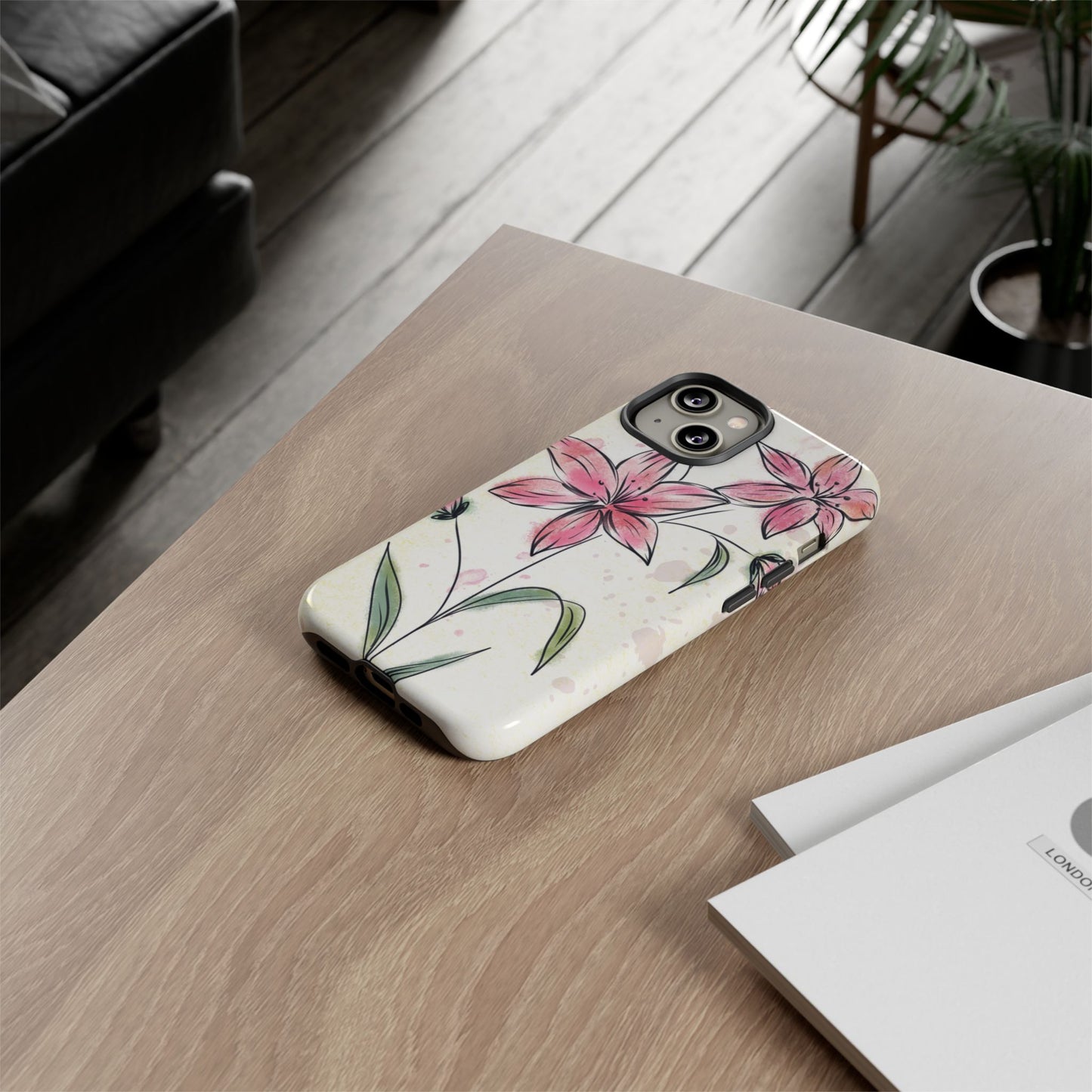 Floral Phone Case with Elegant Pink Lilies, Cute Floral Accessories, Phone Protection, Gift for Her, Stylish Cell Phone Cover