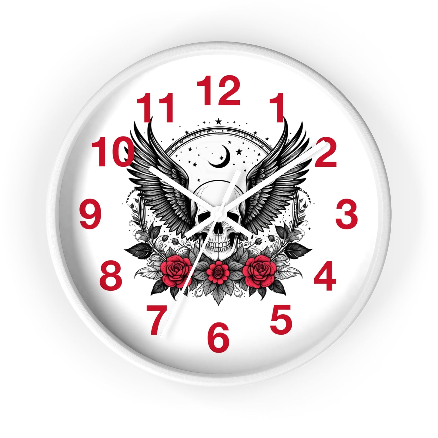 Winged Skull with Red Roses Wall Clock | Gothic Moon Skull Clock