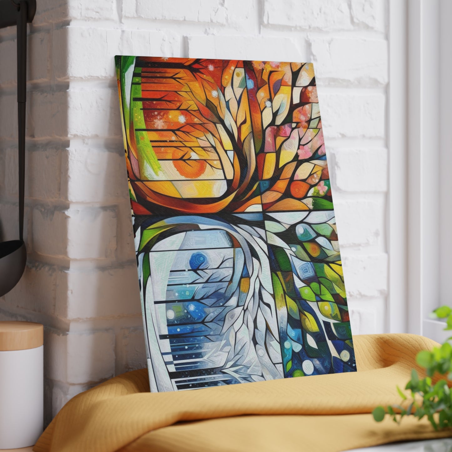 Four Seasons Tree Glass Cutting Board — Colorful Seasonal Kitchen Decor