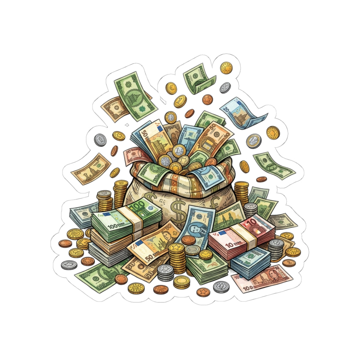 Money Pile Sticker — Cash & Coins Decorative Kiss-Cut Decal for Laptops, Journals & Wallets