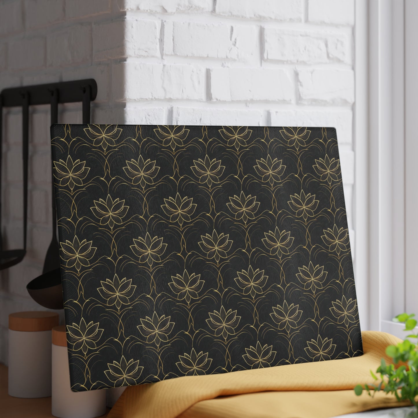 Lotus Pattern Glass Cutting Board — Elegant Black & Gold Kitchen Board
