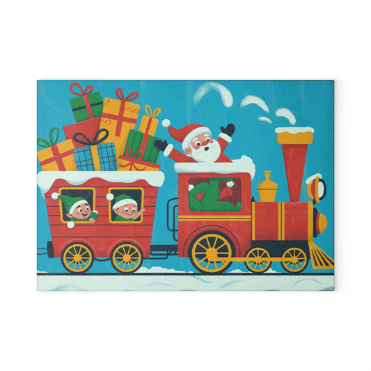 Christmas Santa Train Glass Cutting Board — Festive Holiday Kitchen Decor