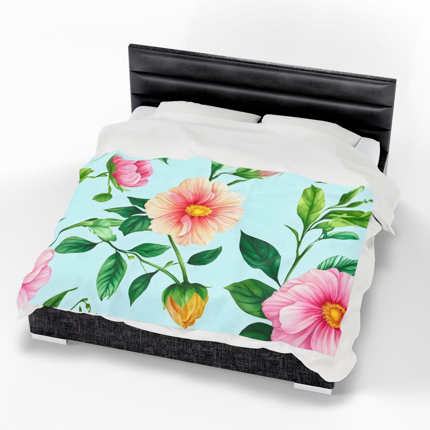 Floral Velveteen Plush Blanket — Pastel Pink & Mint Flower Throw