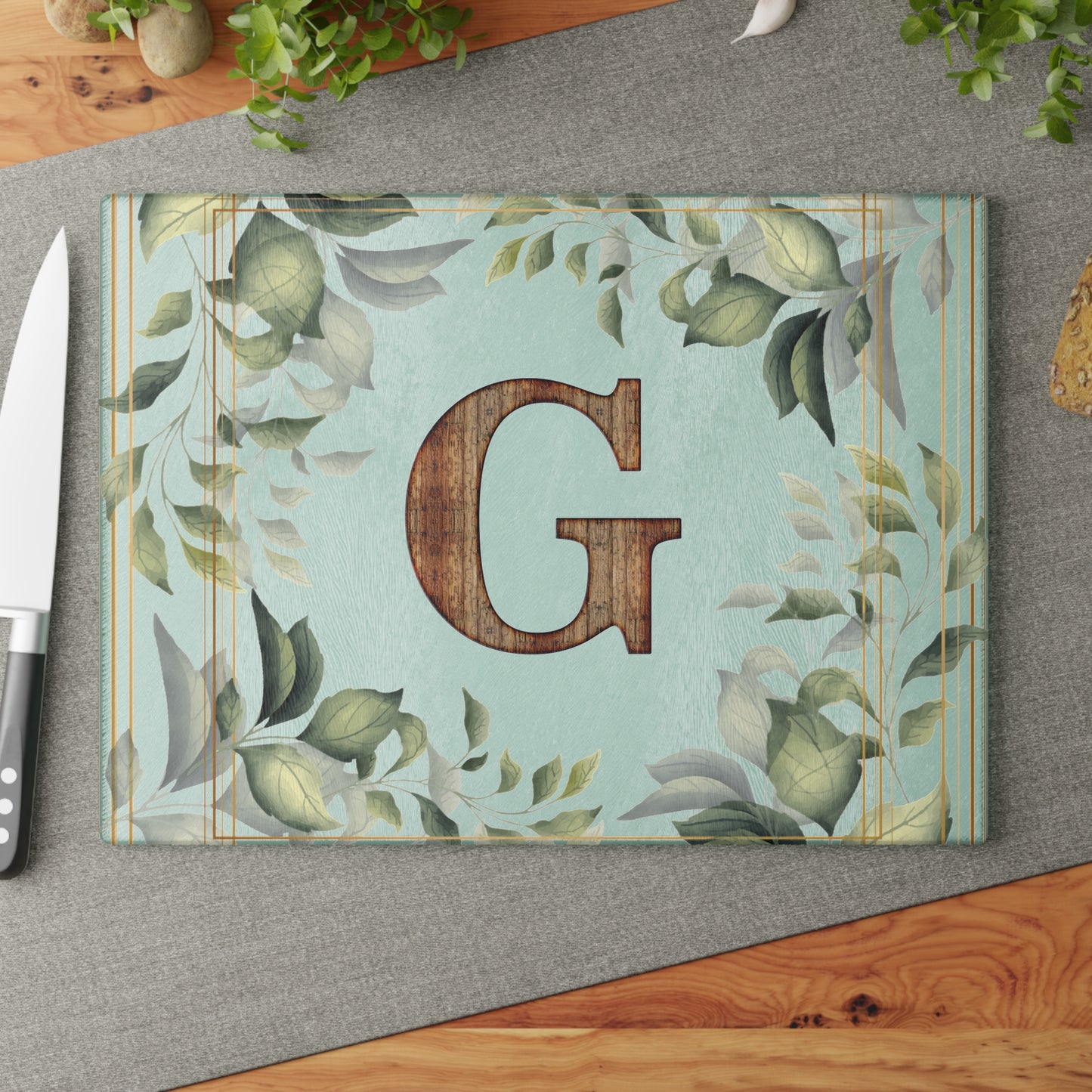 Glass Cutting Board — Monogram G Floral Wood Initial Decorative Kitchen Board