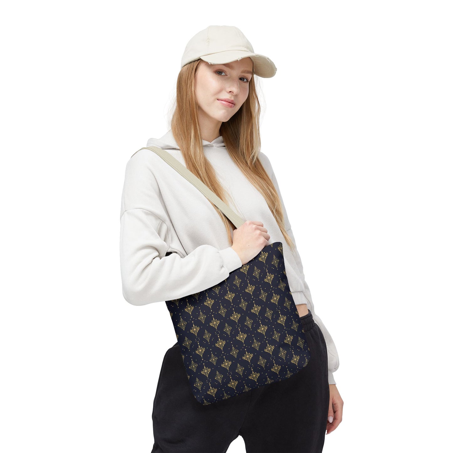 Navy & Gold Art Deco Tote Bag — Elegant Geometric Pattern All-Over Print