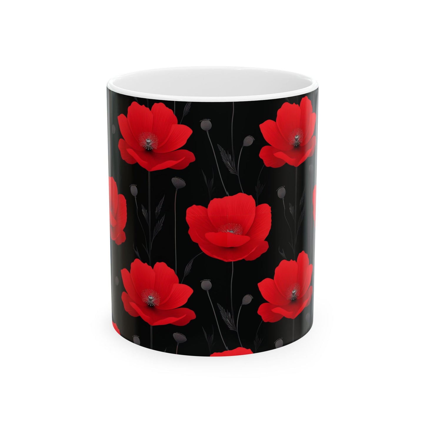 Red Poppy Floral Mug — Black Background Ceramic Coffee Cup (11oz, 15oz)