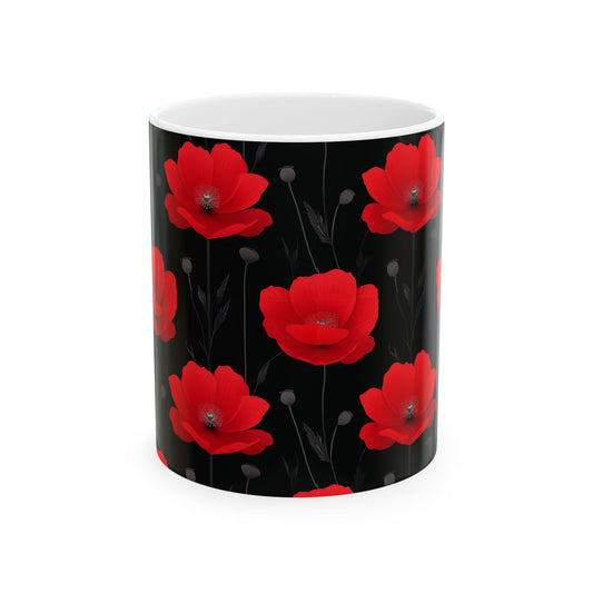 Red Poppy Floral Mug — Black Background Ceramic Coffee Cup (11oz, 15oz)