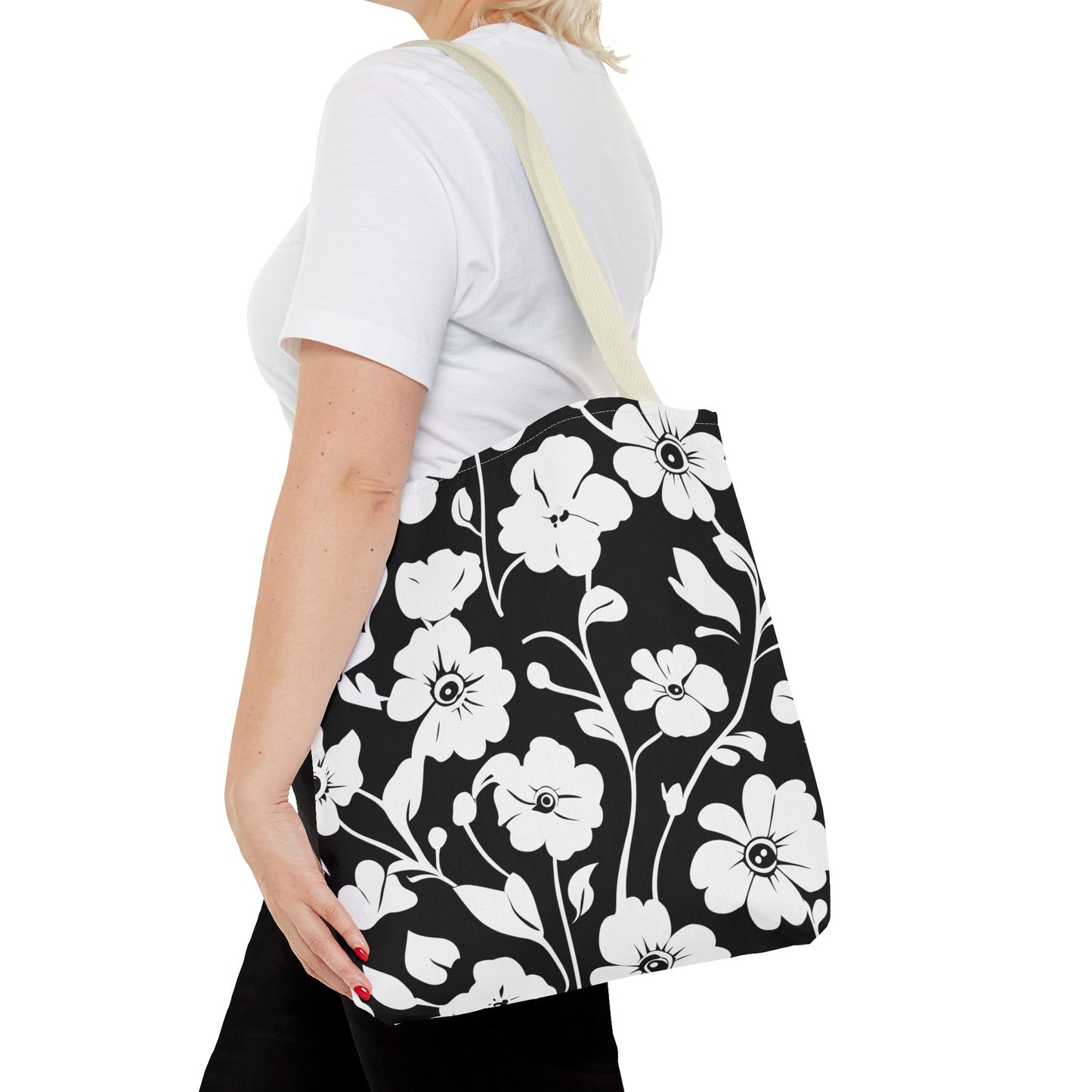 Elegant Floral Tote Bag, Black and White Tote, Eco-Friendly Shopping Bag