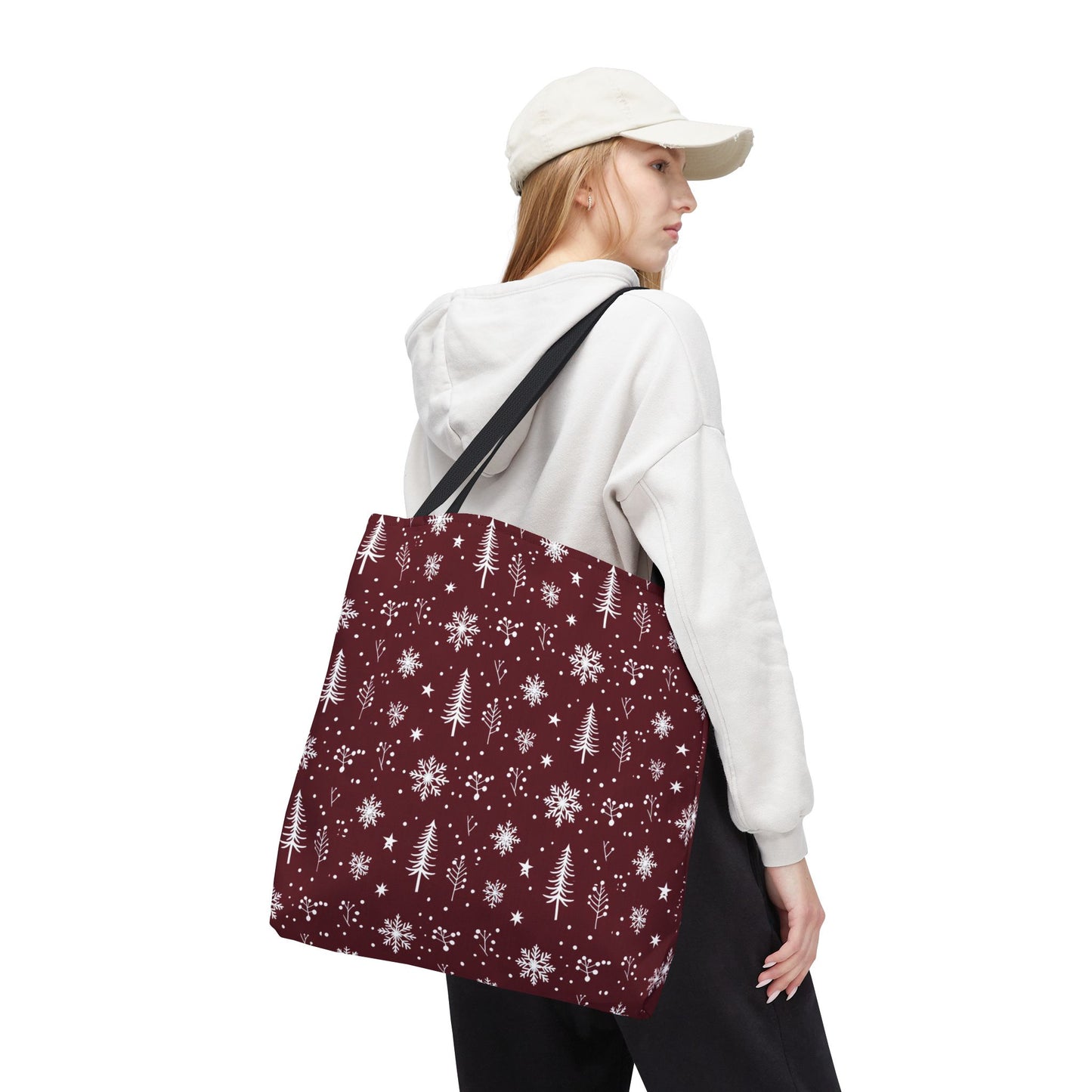 Christmas Snowflake Tote Bag – Burgundy Holiday Patterned Carryall