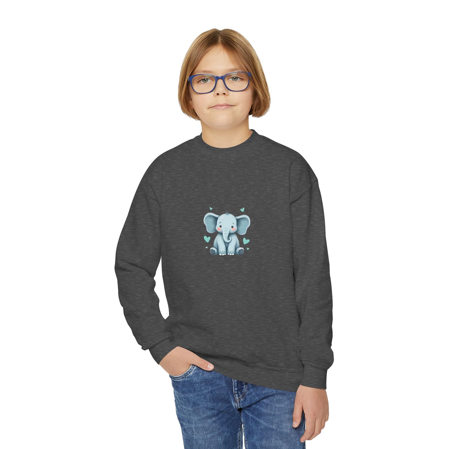 Adorable Elephant Youth Crewneck Sweatshirt, Kids' Casual Wear, Animal Lover Gift, Birthday Present, Cute Sweatshirt for All Seasons