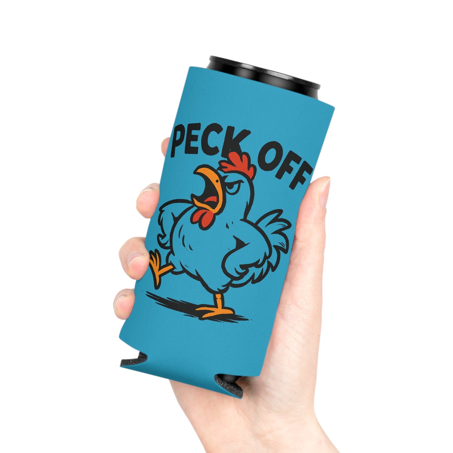 Can Cooler – 'Peck Off' Angry Rooster Drink Holder (Funny Farm Animal Koozie)