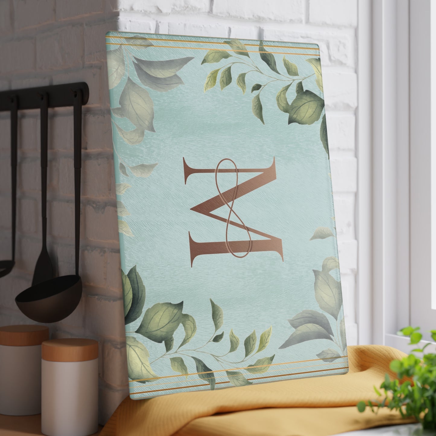 Monogram M Glass Cutting Board — Floral Mint Kitchen Decor