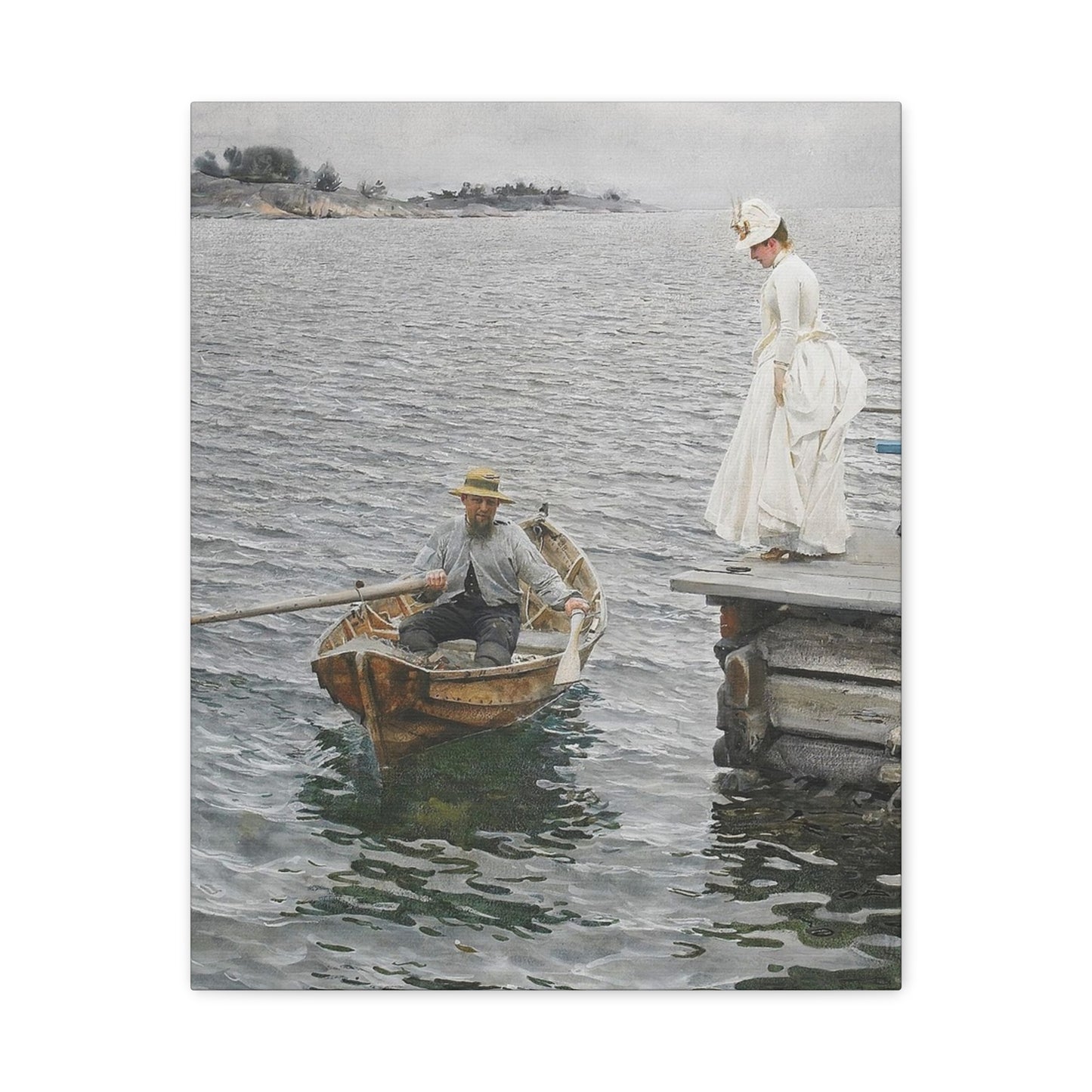 Seaside Stroll Canvas Print — Vintage Woman & Rowboat Matte Stretched Art 1.25"