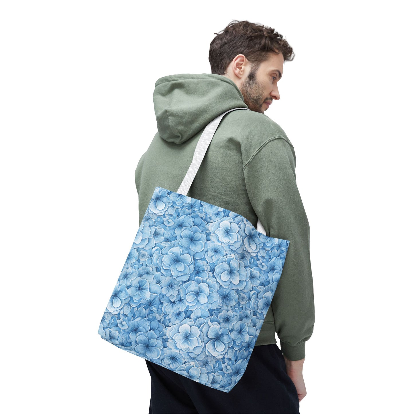 Blue Watercolor Floral Tote Bag — Reusable Flower Pattern Shopper