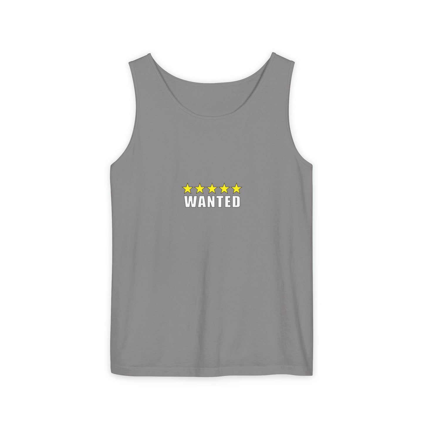 5-Star "WANTED" Garment-Dyed Tank Top, Unisex Summer Shirt, Gift for Him/Her, Trendy Casual Wear, Pool Party Outfit, Unique Graphic Tee
