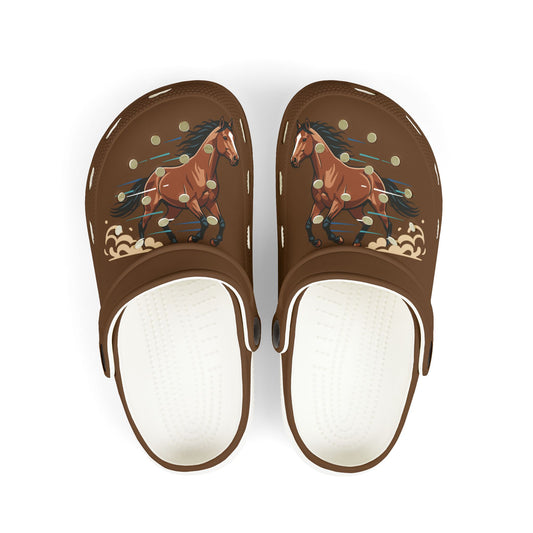 Kids Horse Print Foam Clogs — Brown EVA Slip-On Sandals for Children