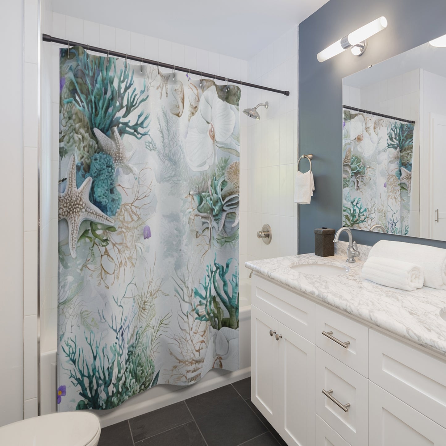 Coastal Coral & Orchid Shower Curtain — Beachy Sea Life Bathroom Decor