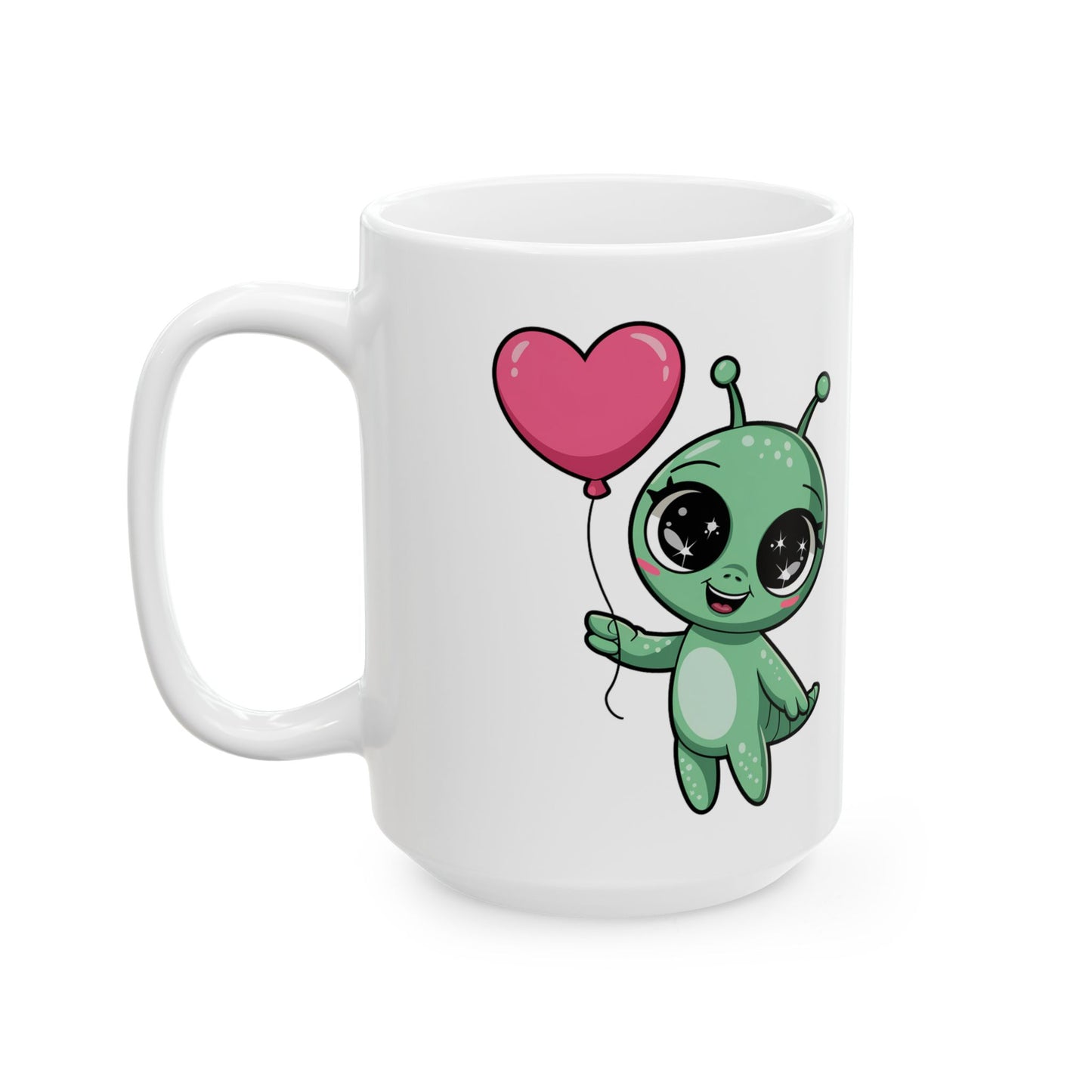 Cute Alien Holding Heart Balloon Ceramic Mug — 11oz & 15oz Gift Mug