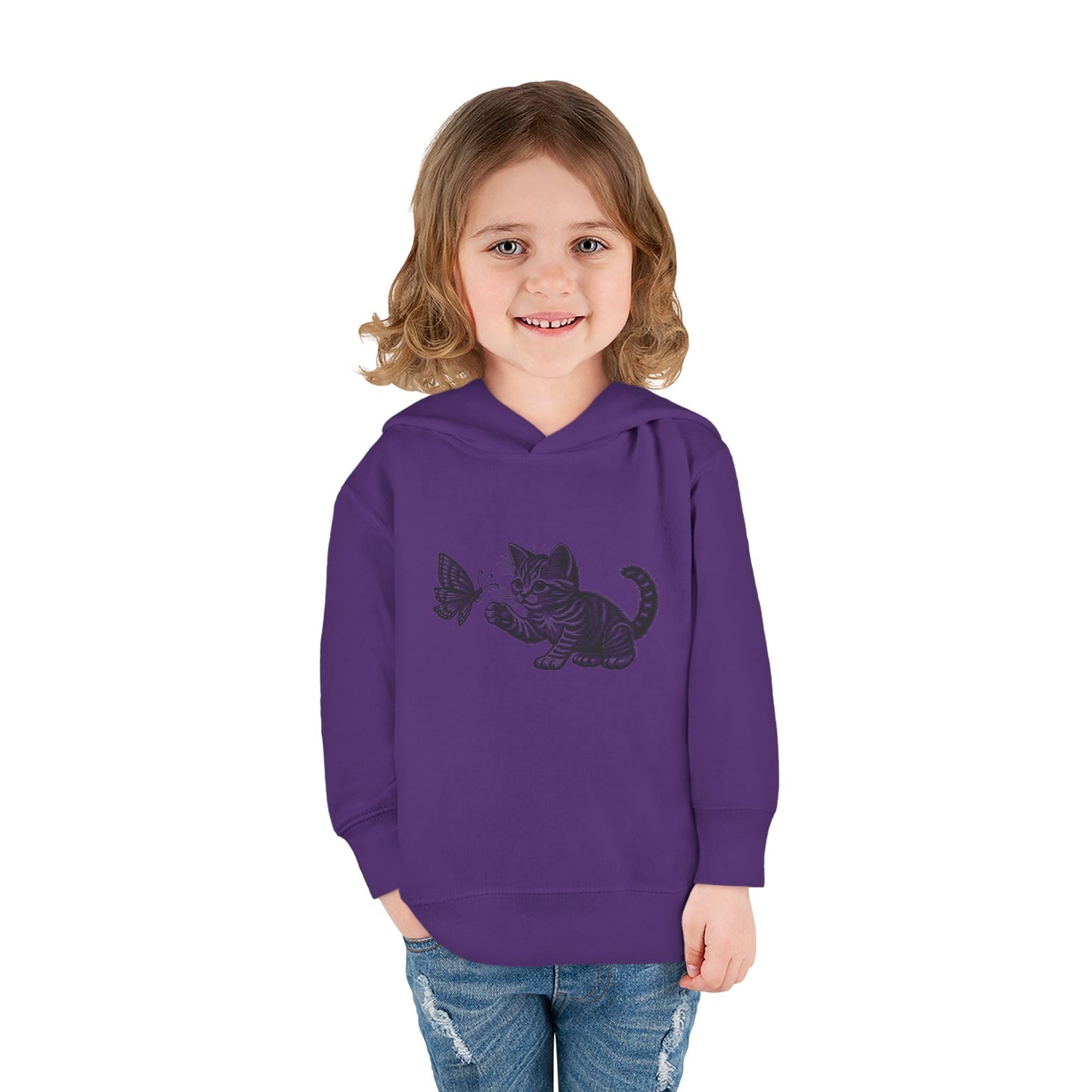 Cute Cat and Butterfly Toddler Hoodie, Toddler Pullover, Kids Fleece Hoodie, Animal Lover Gift, Playtime Pullover