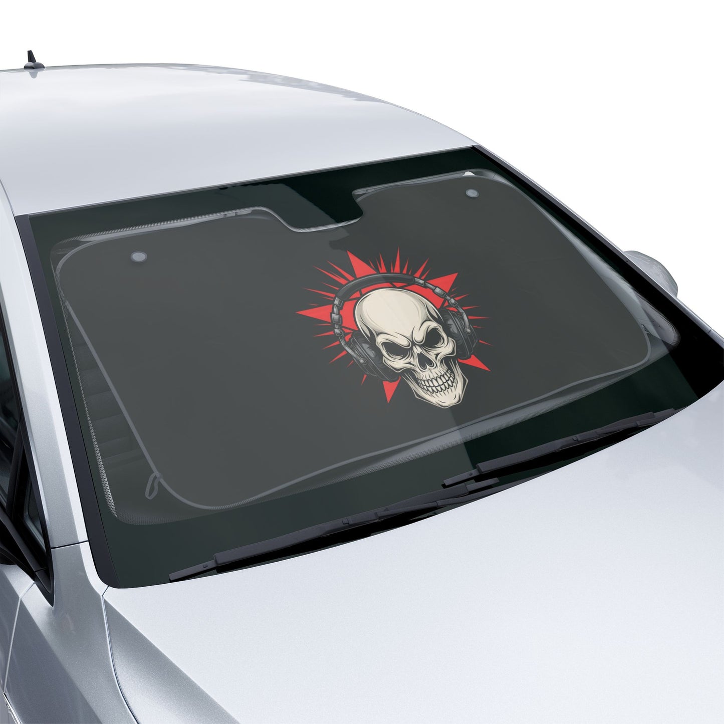 Skull Headphones Car Sun Shade — Gothic Rock Windshield Protector
