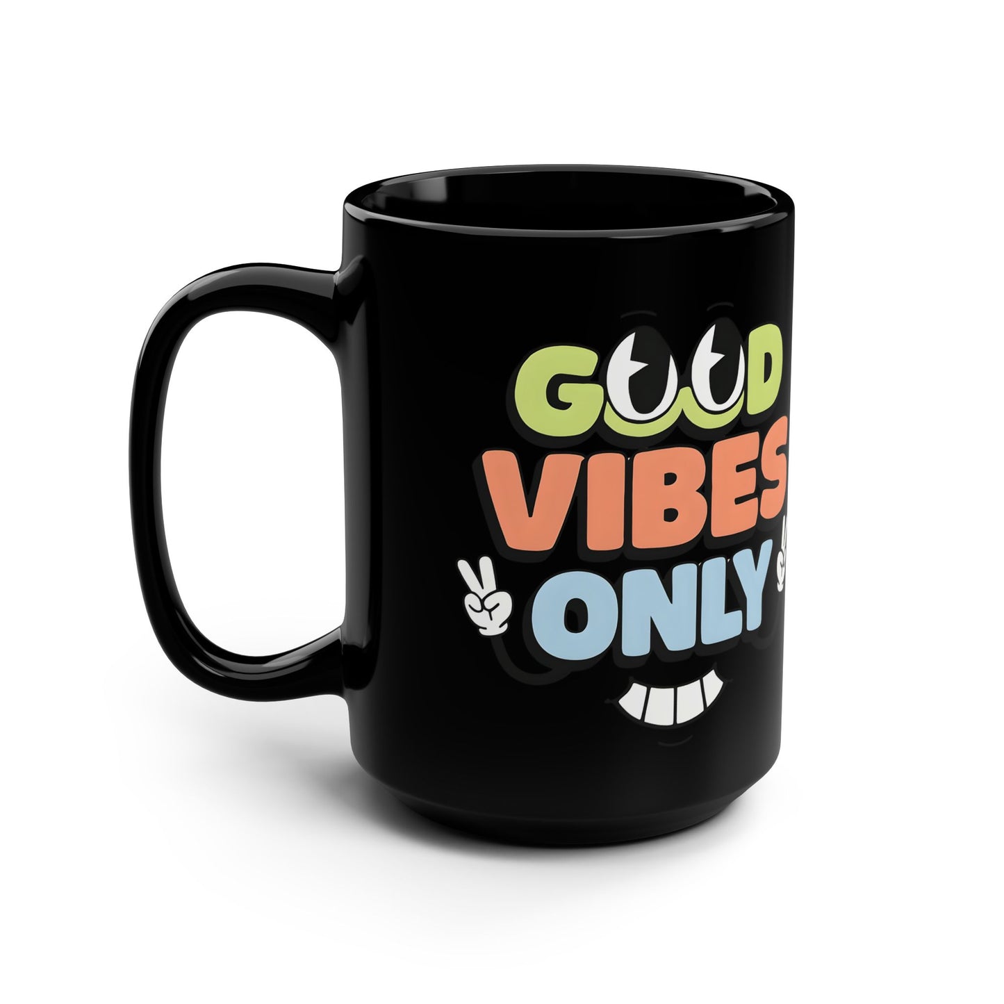 Good Vibes Only Black 15oz Mug — Retro Peace Sign Coffee Cup