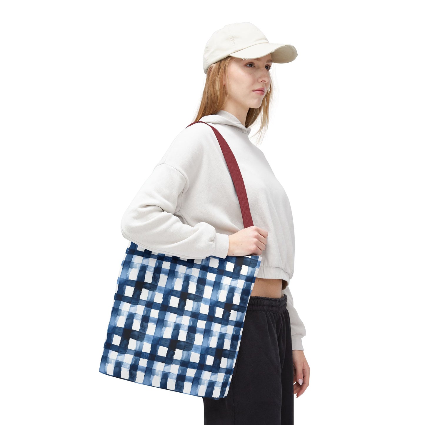 Blue Watercolor Plaid Tote Bag — Navy Check Pattern All-Over Print