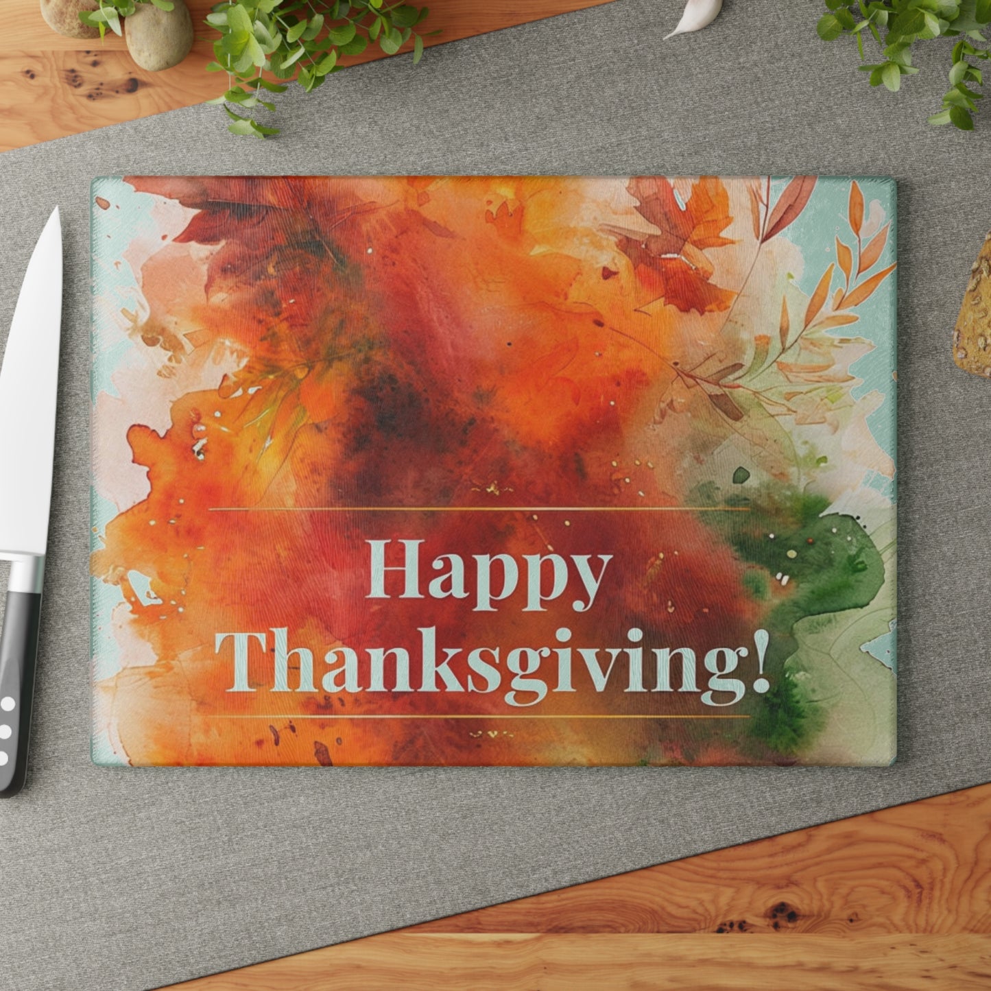 Thanksgiving Glass Cutting Board with Vibrant Autumn Design
