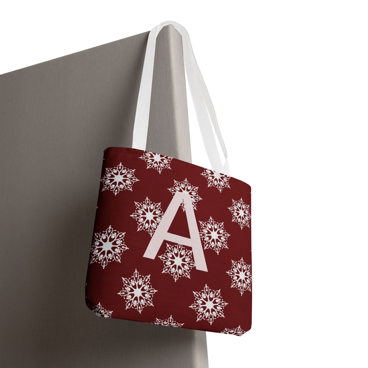 Monogram A Snowflake Tote Bag — Personalized Holiday AOP Tote