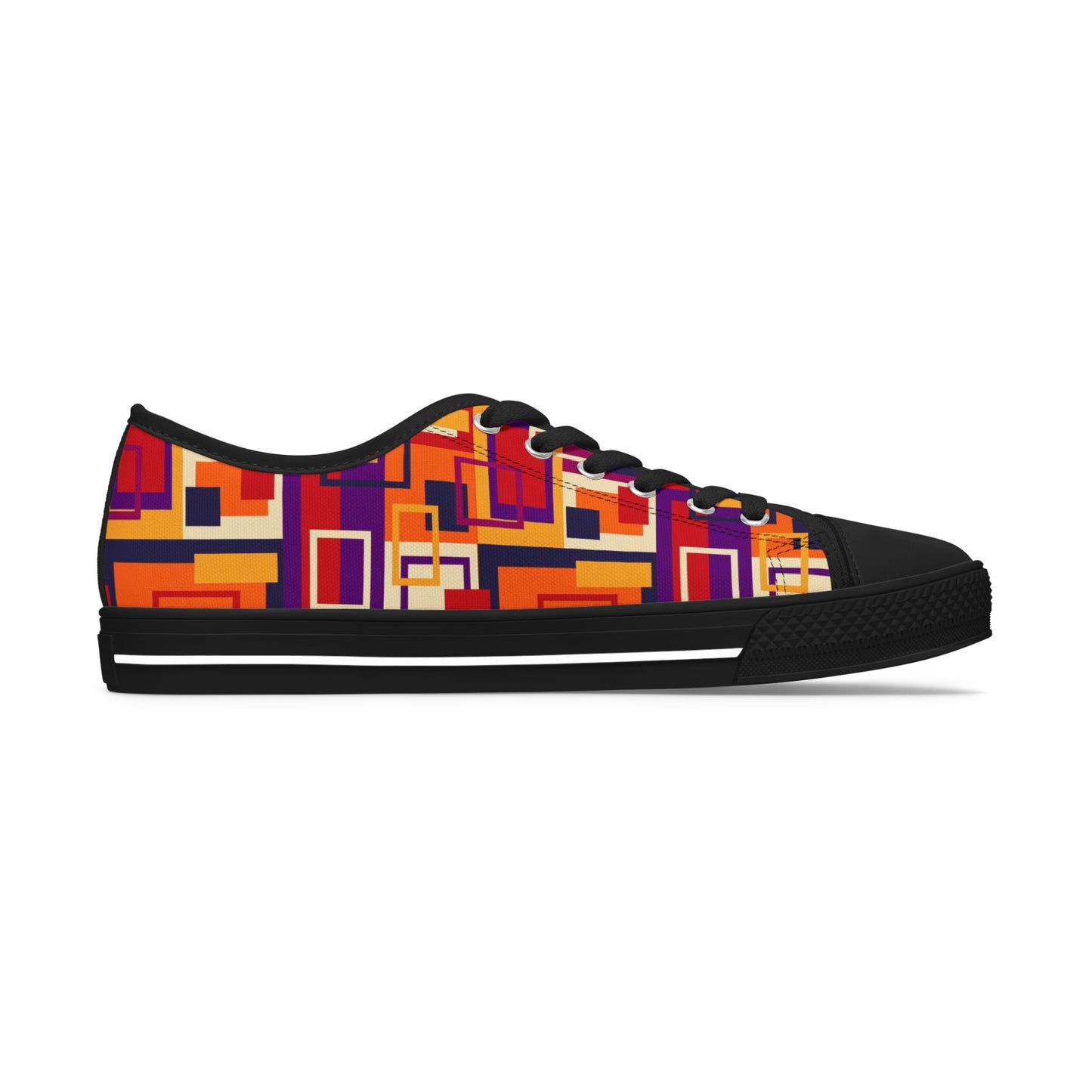 Retro Geometric Women's Low Top Sneakers — Bold Orange & Purple Patchwork Canvas