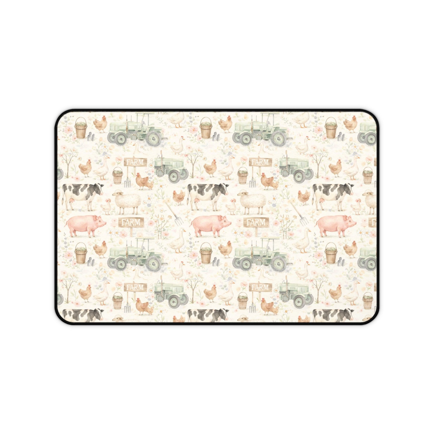Farmhouse Animals Desk Mat — Vintage Tractor, Pig & Chicken Pattern