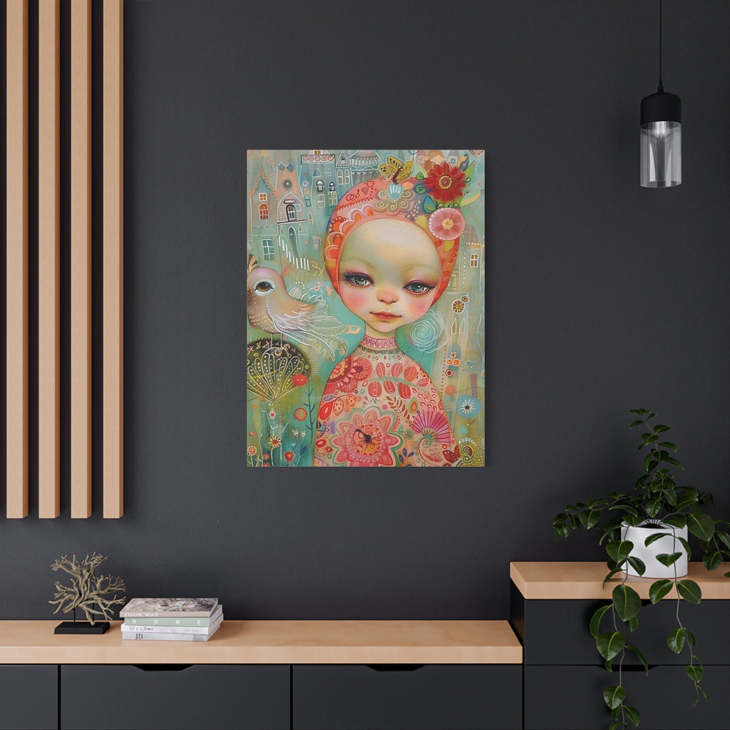 Whimsical Girl & Bird Matte Canvas Wall Art — Stretched Decorative Painting