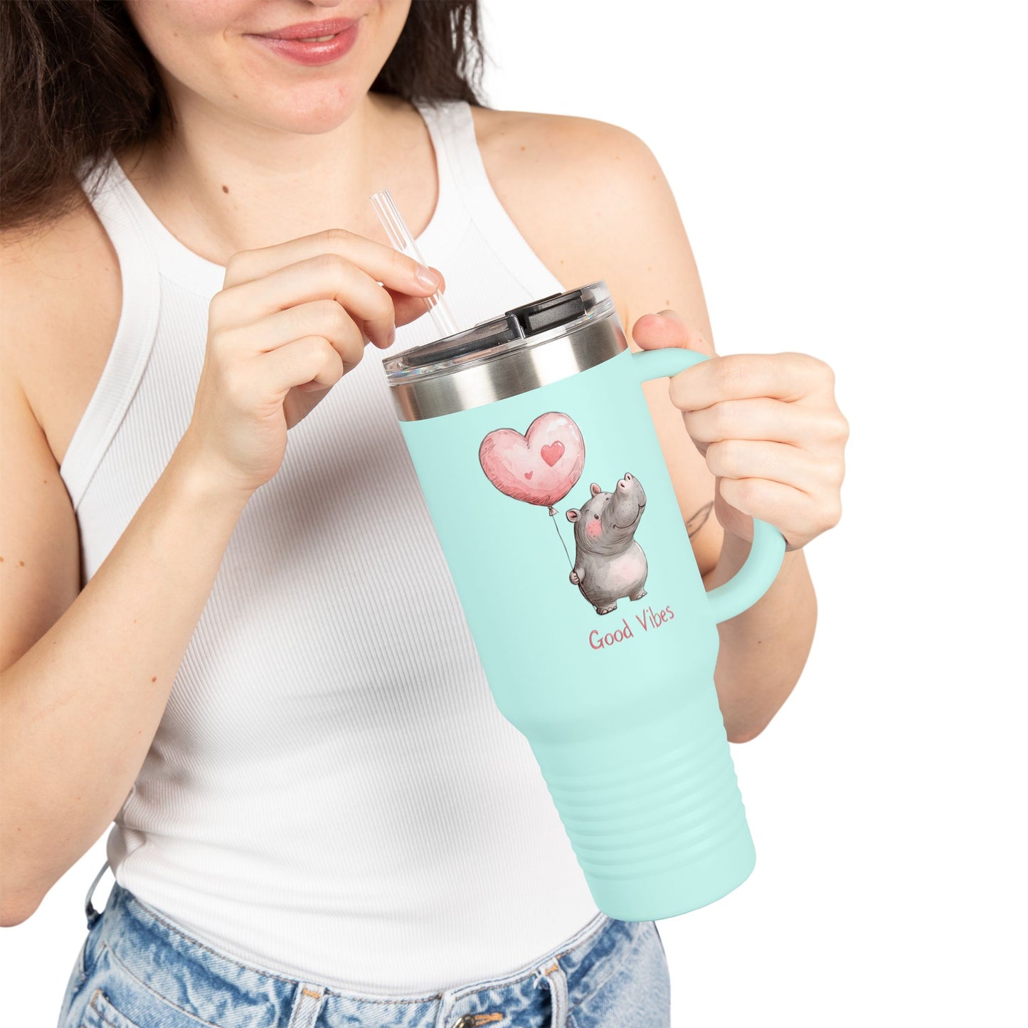 Cute Hippo Good Vibes Insulated Travel Mug | 40oz | Fun Drinkware | Perfect for Travel, Gifts, Picnic, or Daily Use