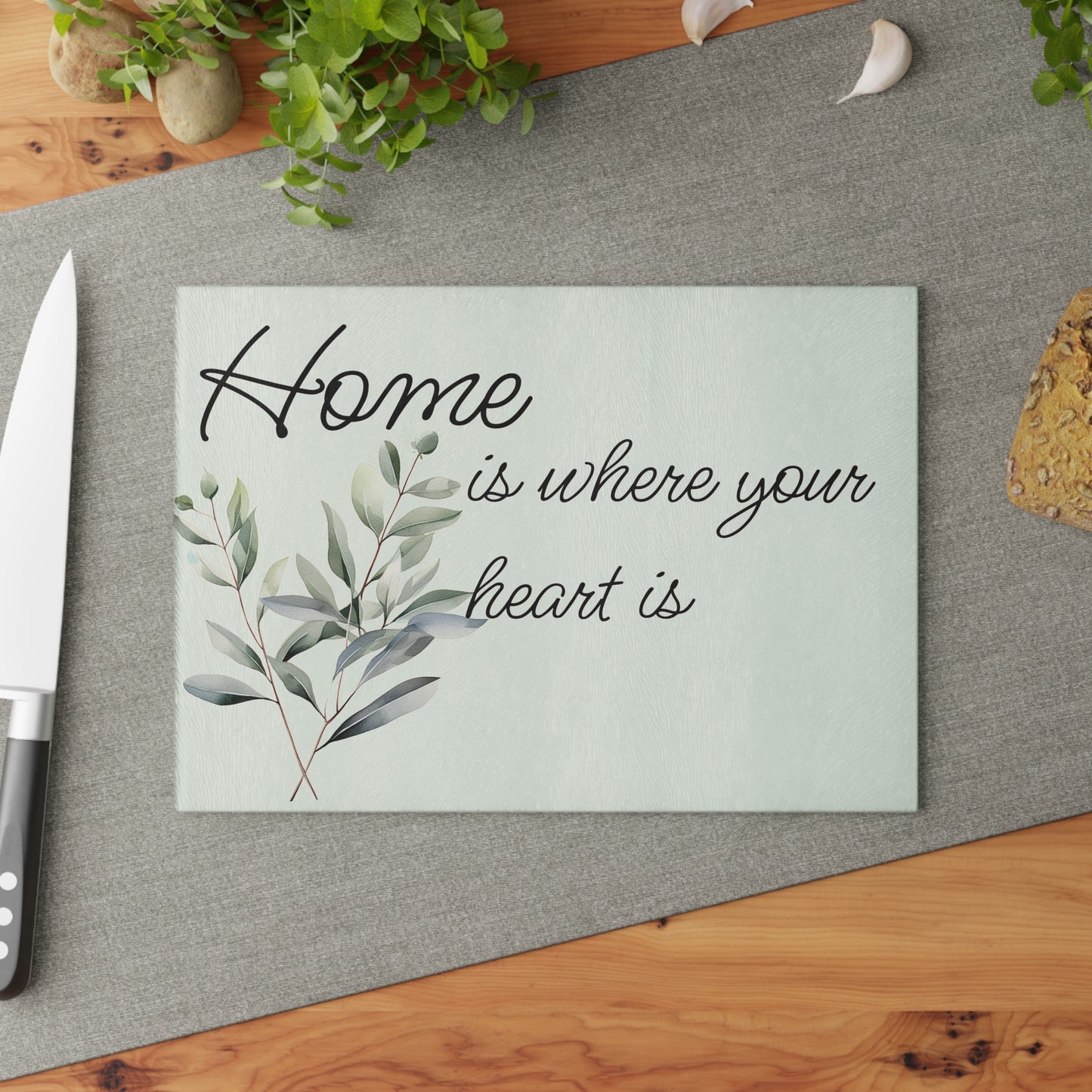 Home is Where Your Heart Is Glass Cutting Board, Kitchen Decor, Housewarming Gift, Wedding Present, Mother's Day Gift