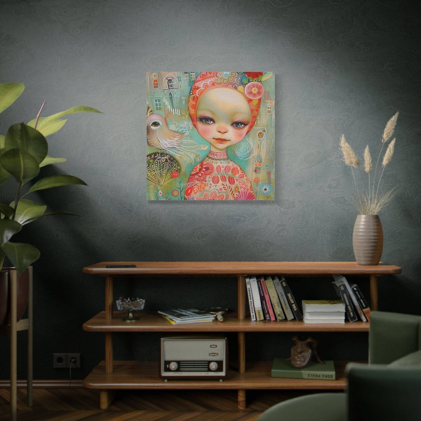 Whimsical Girl & Bird Matte Canvas Wall Art — Stretched Decorative Painting